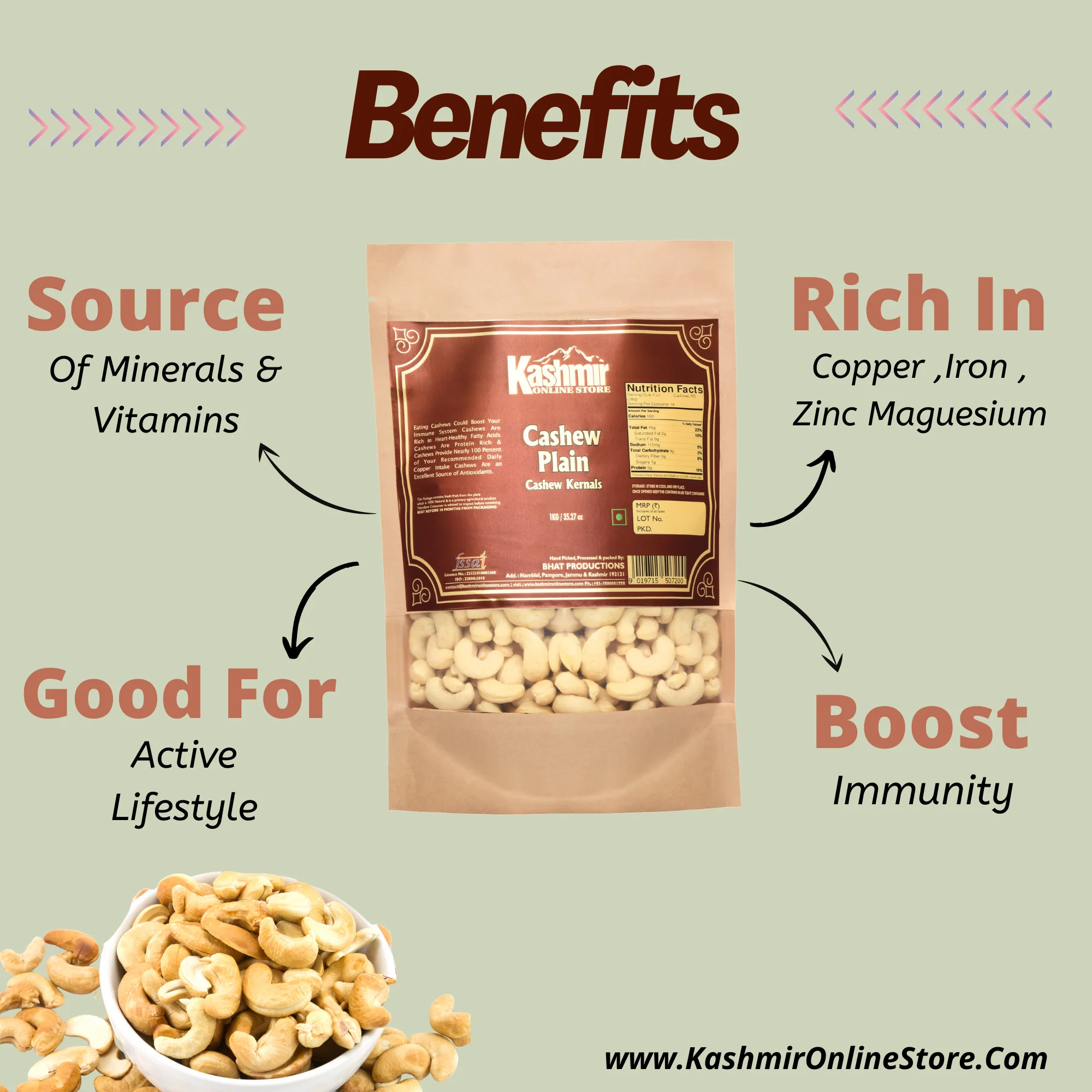 Premium Cashew Nuts (W180) – Whole, Jumbo, Crunchy & Fresh | Kashmir Online Store - Image 3